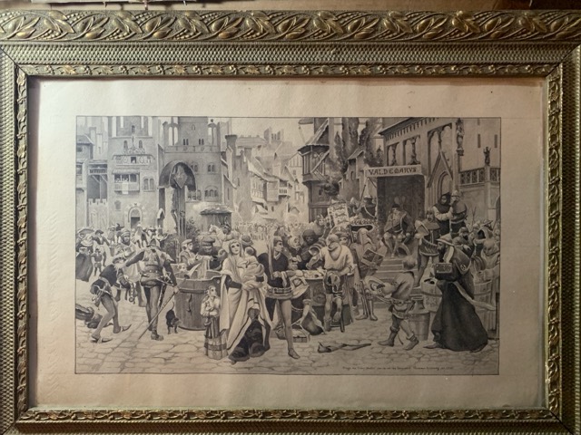 R. Suffier, dessin encre pillage de visibly 9suede0 par le roi du Denmark Valdemar atterdag en 1361