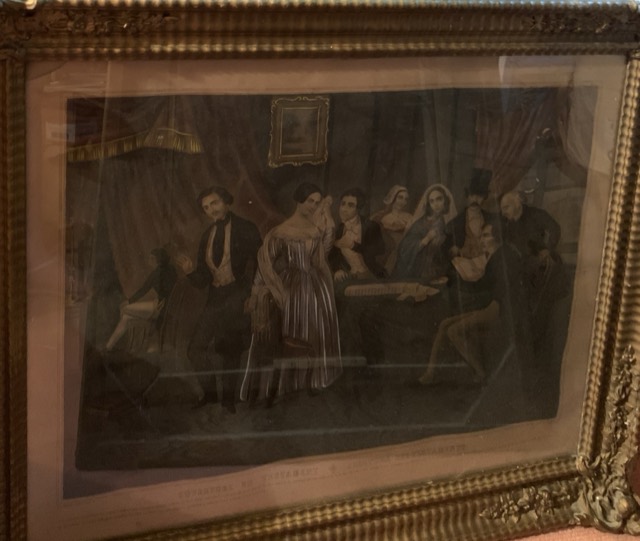 Elegantes et homes au piano, gravure, ouverture du testament paris