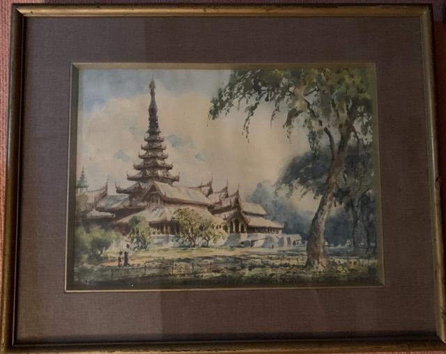 Pagode aquarelle signature illisible