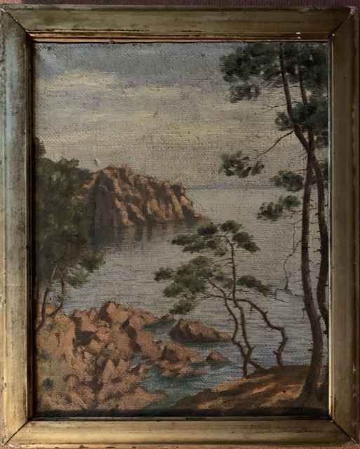 R. Gouberlo, Vue sur mer, calanques, huile sur serpiere
