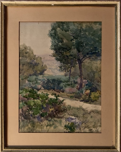 B. Maure, peinture sur papier, paysage chemin dans la colline, M de mistral