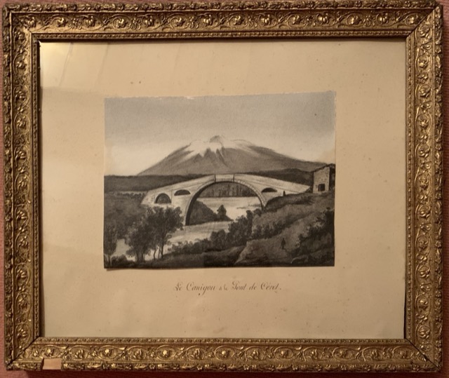 Le canigou et le pont de certes, fusain sans signature