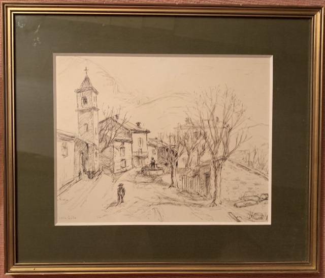 Louis Guieu, dessin encre, village
