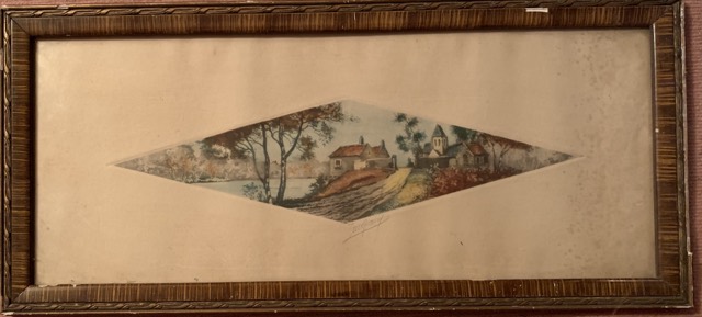 paysage cadre losange gravure colorée eau forte