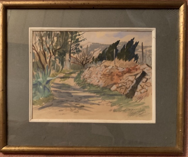 aquarelle sur papier, paysage, chemin avec aloes