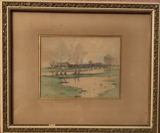 aquarelle, 1901 vang paysage écluse, ou campagne inondée