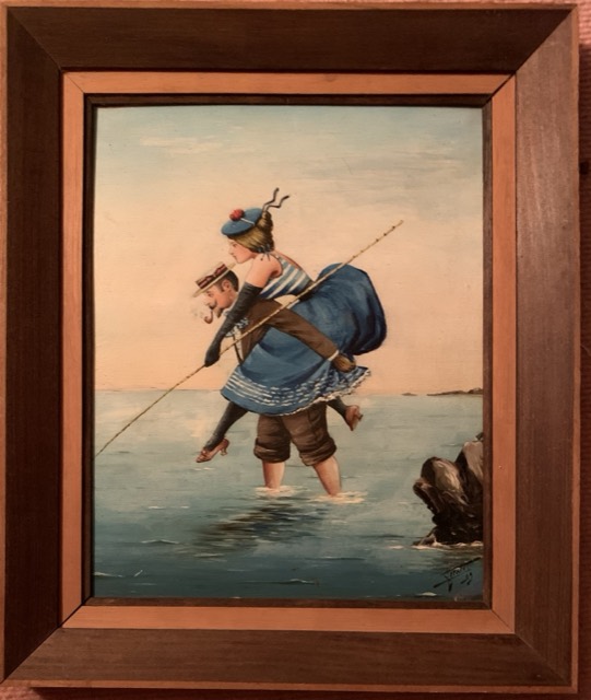 Gerard 1899, huile sur toile, allons a la pêche, home portant une femme sur son dos
