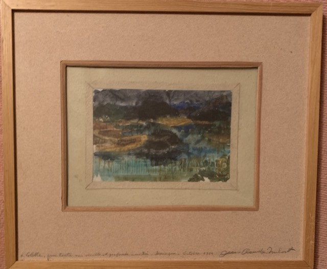 Jean Claude Imbert, Paysage peinture sur papier fete autour de la fontaine