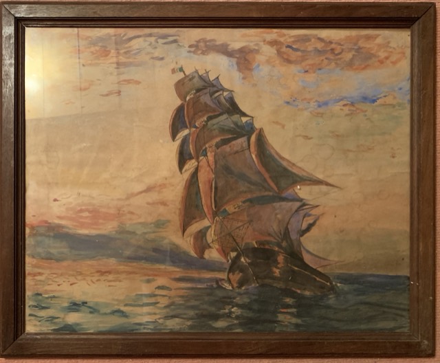 J. Demoulin, Marine aquarelle, bateau francais