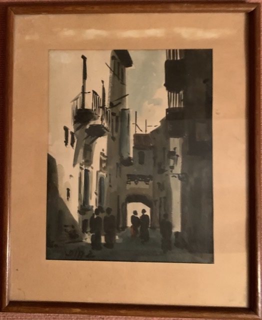 M. Rafini, aquarelle sur papier, rue avec arche et balcon 1842