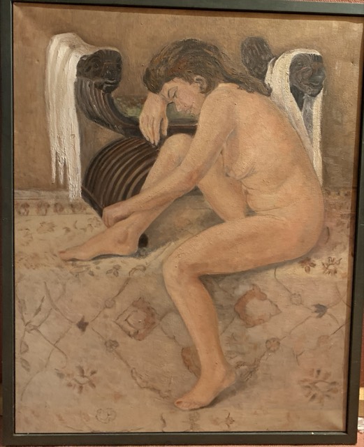 Huile sur toile, femme nue siege antique