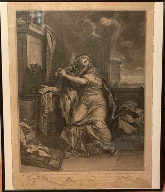 Gravure Magdala deposant ses bijoux d’après Charles lebrun