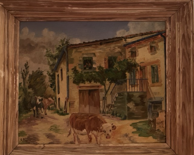 R. Fleuret 1947, Femme et vaches, huile sur panneau