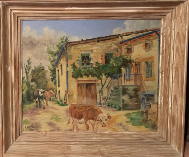 R. Fleuret 1947, Femme et vaches, huile sur panneau