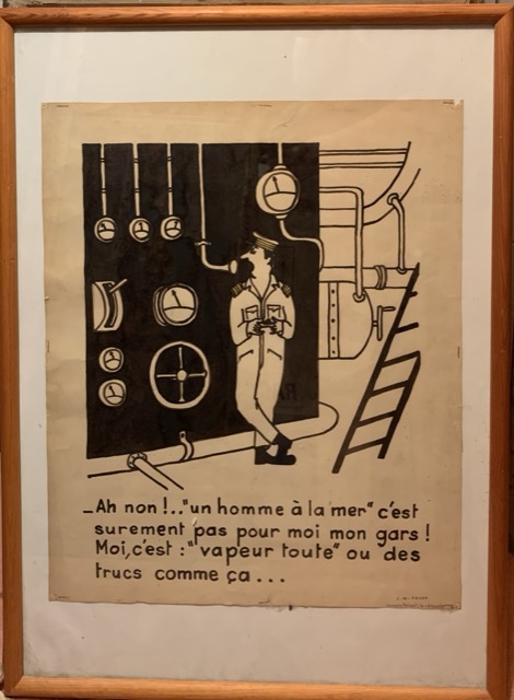 C.M. Favot de jacque, Dessin Humoristique Faizant/R.Keromes, chef mecanicien encre sur papier bateau