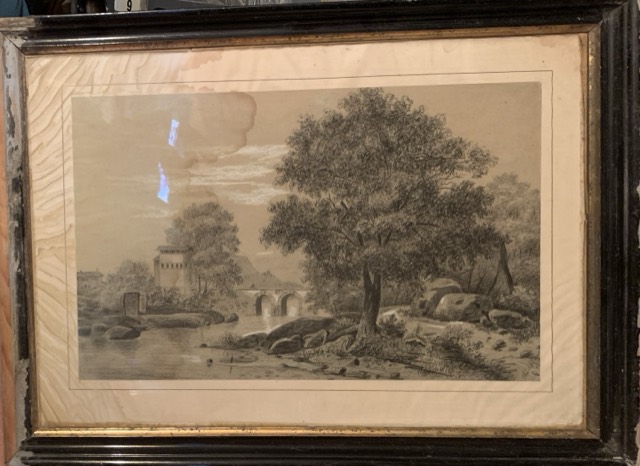 Dessin pierre noire/ papier paysage bucolique