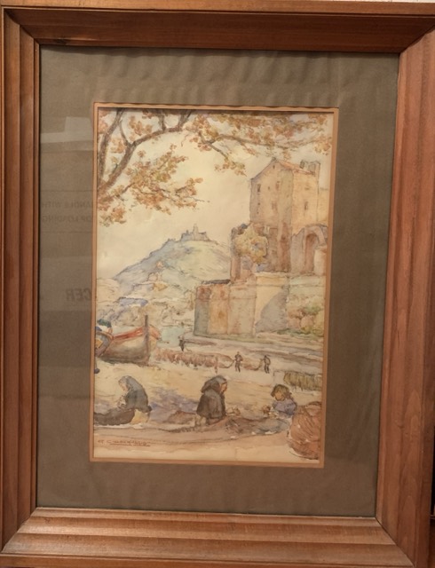 G. Chabernaud, Aquarelle, paysage et femme repartant de filets de pèches